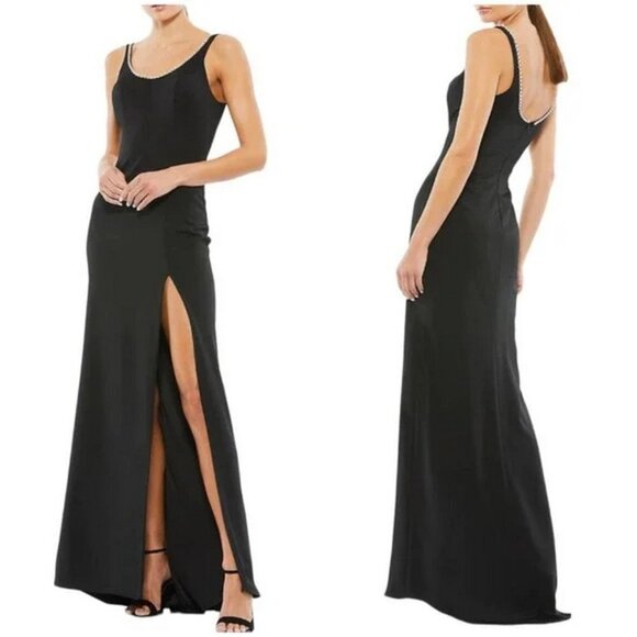 Mac Duggal Black Rhinestone Accent Scoop Neck Sleeveless Gown